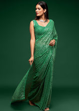 Carica l&#39;immagine nel visualizzatore Galleria,Shamrock Green Sequins &amp; Thread Embroidered Designer Georgette Saree