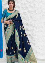 Carica l&#39;immagine nel visualizzatore Galleria,Indigo Blue Soft Banarasi Silk Saree with Zari Woven Butti overall