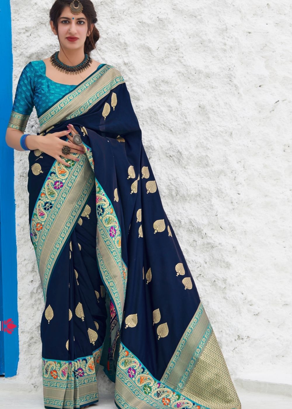 Indigo Blue Soft Banarasi Silk Saree with Zari Woven Butti overall