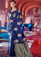 Load image into Gallery viewer, Berry Blue Satin Silk Saree with overall Golden Butti