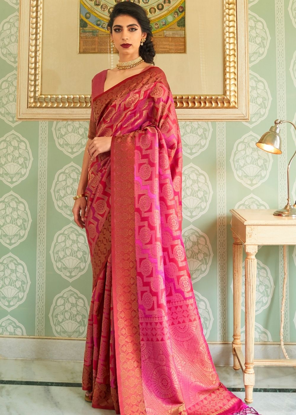 Cerise Pink Zari Woven Handloom Silk Saree