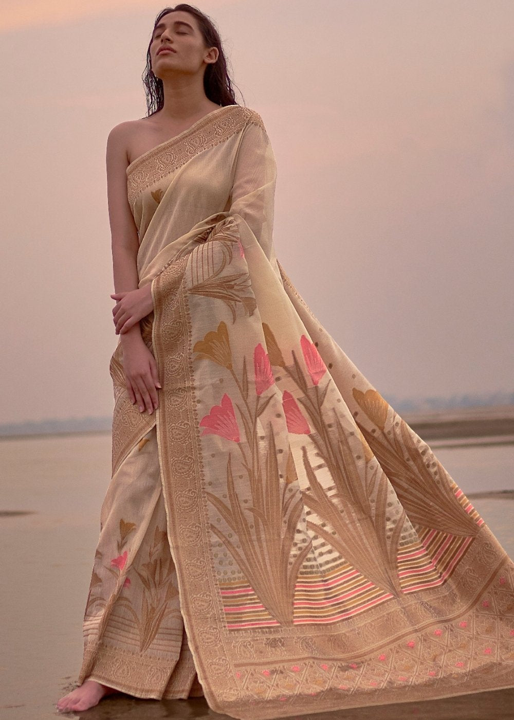 Beige Woven Linen Silk Saree with Floral Motif on Pallu and Border