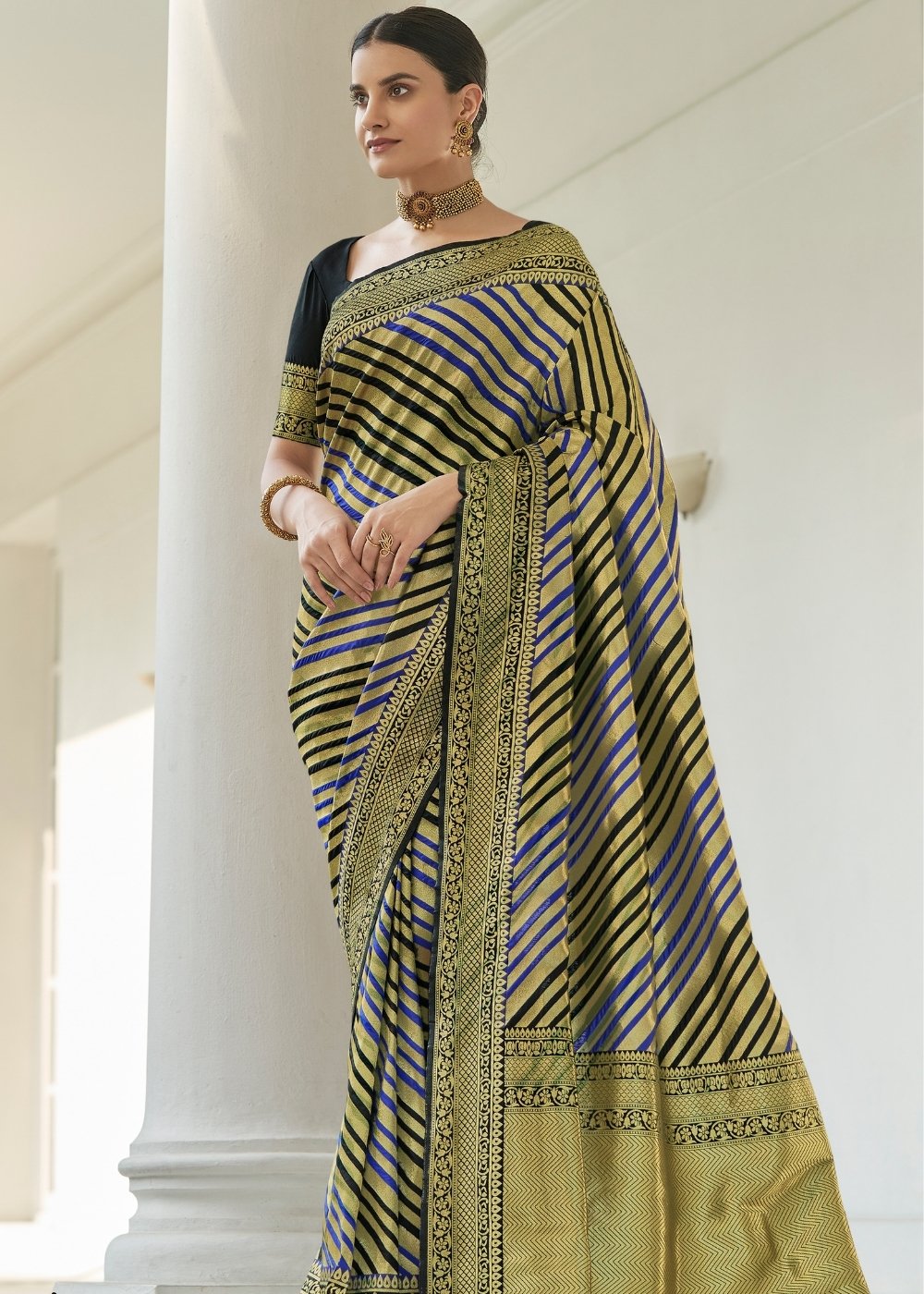 Onyx Black & Blue Striped Woven Banarasi Silk Saree