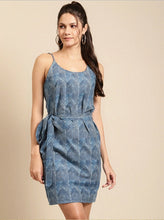Load image into Gallery viewer, Speghetti Strap printed mini dress with waist tie