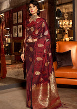 Laden Sie das Bild in den Galerie-Viewer, Wine Red Pure Satin Woven Silk Saree with overall Golden Buti