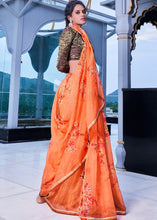 Load image into Gallery viewer, Amber Orange Floral Handprinted Organza Silk Saree