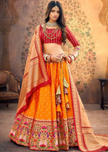 Laden Sie das Bild in den Galerie-Viewer, Orange &amp; Red Banarasi Brocade Silk Lehenga Cholli