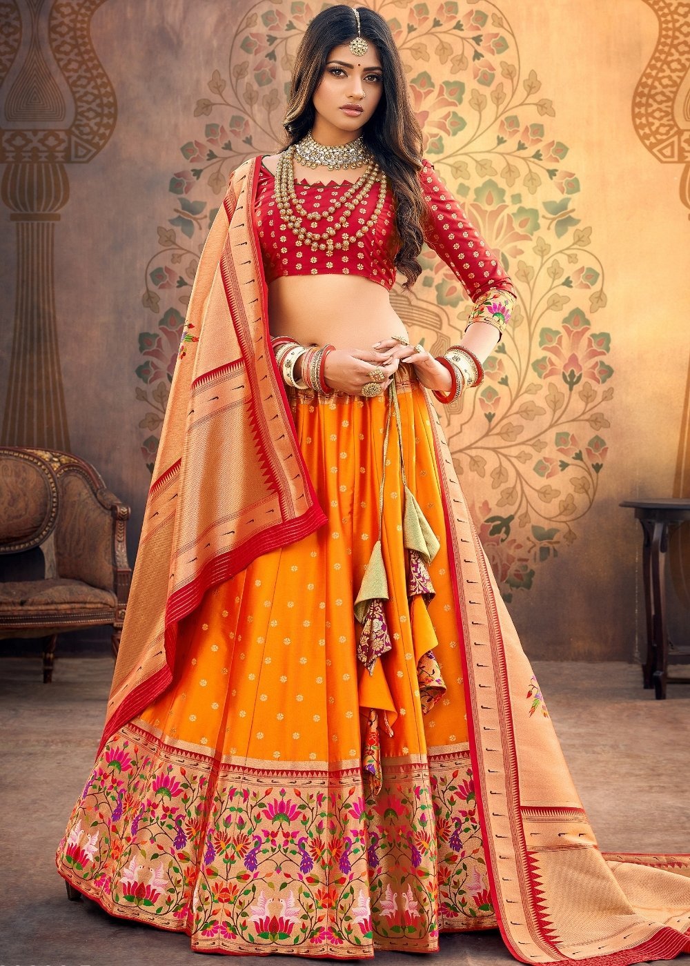 Orange & Red Banarasi Brocade Silk Lehenga Cholli