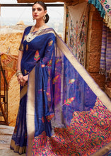 Load image into Gallery viewer, Berry Blue Linen Silk Saree with Colorful Weaving work