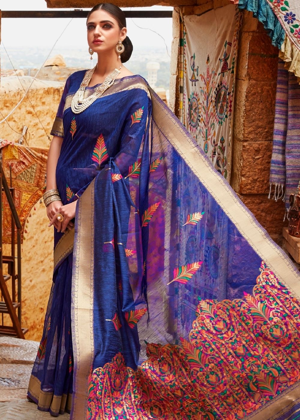 Berry Blue Linen Silk Saree with Colorful Weaving work