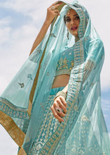 Load image into Gallery viewer, Light Turquoise Blue Organza Lehenga Choli with Zarkan,Gota,Zari &amp; Resham work