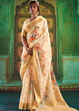 Load image into Gallery viewer, Wheat Brown Zari Woven Linen Silk Saree Having Floral Digital Print