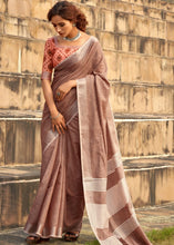 Carica l&#39;immagine nel visualizzatore Galleria,Tawny Brown Soft Linen Silk Saree with Tassels on Pallu