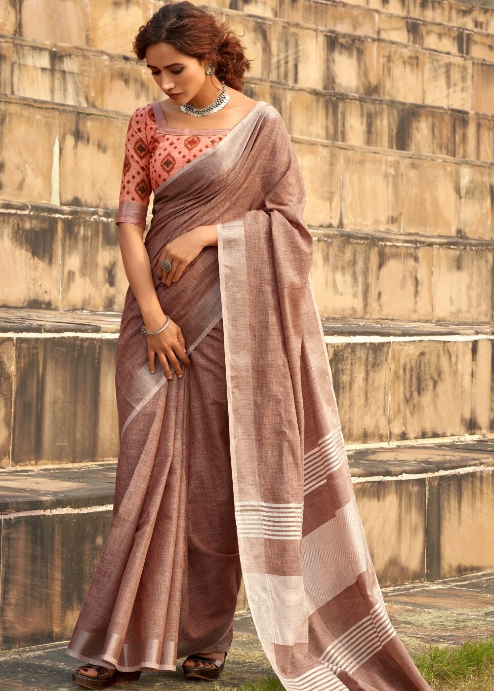 Tawny Brown Soft Linen Silk Saree with Tassels on Pallu