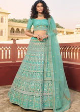 Laden Sie das Bild in den Galerie-Viewer, Light Turquoise Blue Organza Lehenga Choli with Zari, Dori, Resham,Gota &amp; Zarkan work