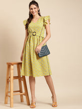 Load image into Gallery viewer, Frill sleeve printed midi dress with buckle belt