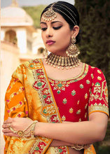 Load image into Gallery viewer, Orange &amp; Red Banarasi Silk Lehenga Choli with Khatli work Embroidery