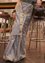 Load image into Gallery viewer, Steel Grey Handloom Weaving Banarasi Cotton Silk Saree