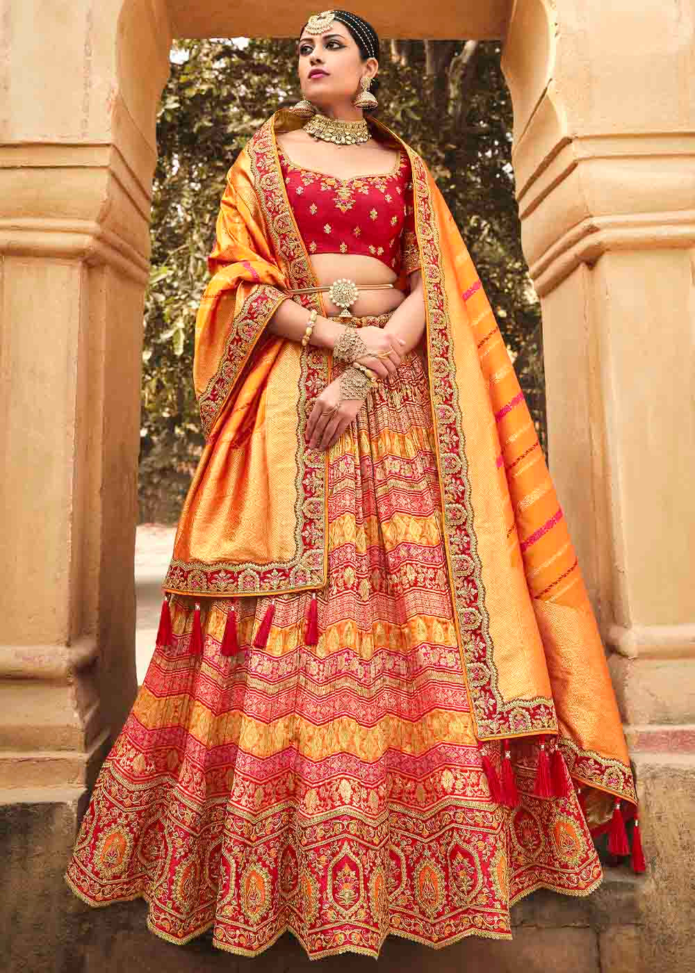 Orange & Red Banarasi Silk Lehenga Choli with Khatli work Embroidery