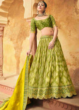 Load image into Gallery viewer, Avocado Green Banarasi Silk Lehenga Choli with Khatli work Embroidery