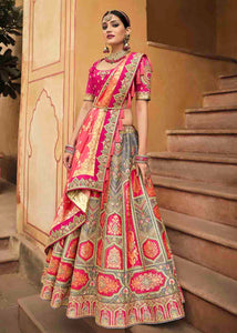 Pink & Grey Banarasi Silk Lehenga Choli with Khatli work Embroidery