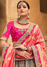 Load image into Gallery viewer, Pink &amp; Grey Banarasi Silk Lehenga Choli with Khatli work Embroidery