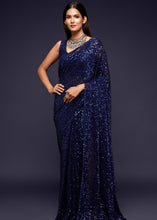 Load image into Gallery viewer, Berry Blue Sequins &amp; Thread Embroidered Designer Georgette Saree