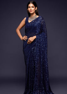 Berry Blue Sequins & Thread Embroidered Designer Georgette Saree