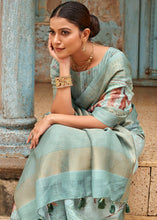 Load image into Gallery viewer, Shades Of Blue Floral Printed linen Saree with Zari Border