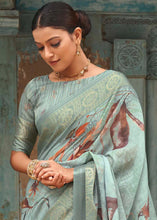 Load image into Gallery viewer, Shades Of Blue Floral Printed linen Saree with Zari Border