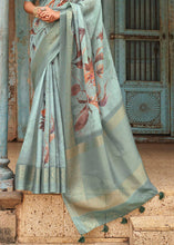 Load image into Gallery viewer, Shades Of Blue Floral Printed linen Saree with Zari Border