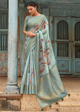 Load image into Gallery viewer, Shades Of Blue Floral Printed linen Saree with Zari Border