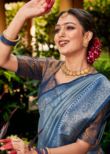 Load image into Gallery viewer, Steel Blue Zari Woven Kanjivaram Silk Saree with Contrast Border &amp; Pallu