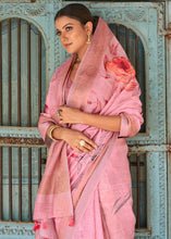 Load image into Gallery viewer, Vivid Pink Floral Printed linen Saree with Zari Border