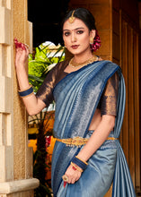 Load image into Gallery viewer, Steel Blue Zari Woven Kanjivaram Silk Saree with Contrast Border &amp; Pallu
