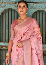 Load image into Gallery viewer, Vivid Pink Floral Printed linen Saree with Zari Border