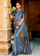 Load image into Gallery viewer, Steel Blue Zari Woven Kanjivaram Silk Saree with Contrast Border &amp; Pallu