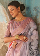 Load image into Gallery viewer, Shades Of Pink Floral Printed linen Saree with Zari Border