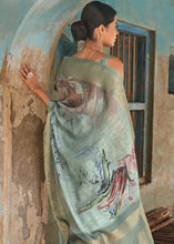 Load image into Gallery viewer, Shades Of Green Floral Printed linen Saree with Zari Border