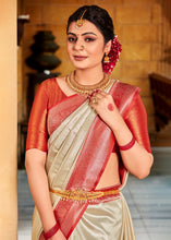 Load image into Gallery viewer, Ivory White Zari Woven Kanjivaram Silk Saree with Contrast Border &amp; Pallu