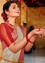 Load image into Gallery viewer, Ivory White Zari Woven Kanjivaram Silk Saree with Contrast Border &amp; Pallu