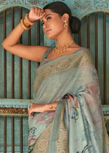 Load image into Gallery viewer, Shades Of Green Floral Printed linen Saree with Zari Border