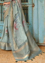 Load image into Gallery viewer, Shades Of Green Floral Printed linen Saree with Zari Border