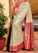 Load image into Gallery viewer, Ivory White Zari Woven Kanjivaram Silk Saree with Contrast Border &amp; Pallu