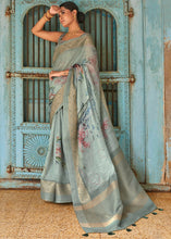 Load image into Gallery viewer, Shades Of Green Floral Printed linen Saree with Zari Border