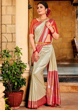 Load image into Gallery viewer, Ivory White Zari Woven Kanjivaram Silk Saree with Contrast Border &amp; Pallu
