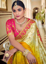 Load image into Gallery viewer, White &amp; Yellow Floral Zari Woven Banarasi Silk Saree with Embroidered Blouse