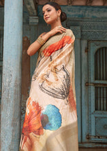 Load image into Gallery viewer, Beige Brown Floral Printed linen Saree with Zari Border