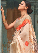 Load image into Gallery viewer, Beige Brown Floral Printed linen Saree with Zari Border