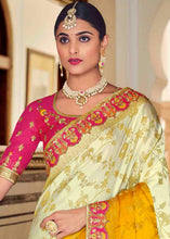Load image into Gallery viewer, White &amp; Yellow Floral Zari Woven Banarasi Silk Saree with Embroidered Blouse